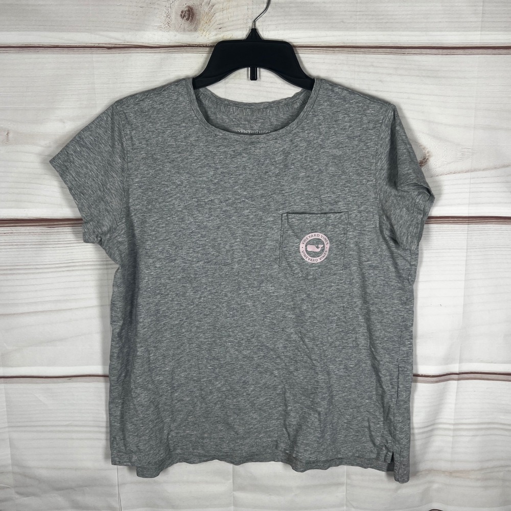 Vineyard Vines Whale Logo T-Shirt Womens M Gray Pink Graphic Pocket Short Sleeve